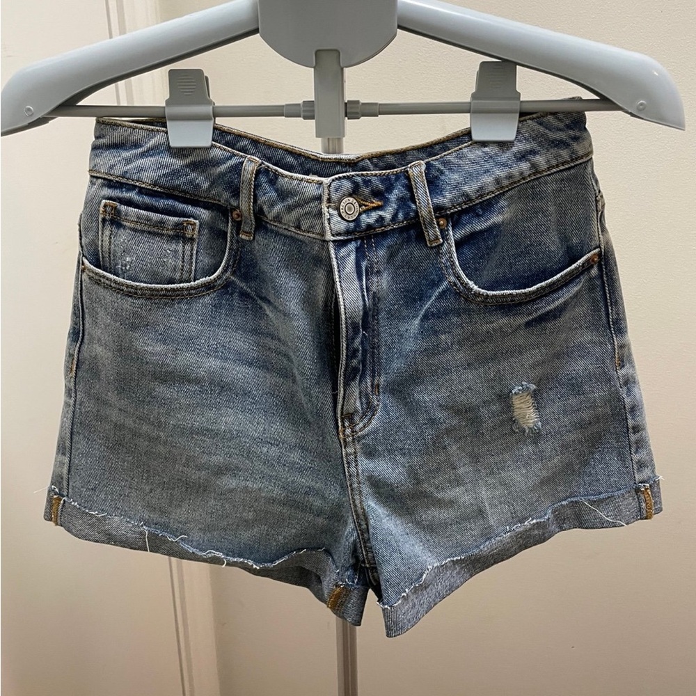 PacSun Mom Shorts Womens 27 Blue Denim High Waisted Distressed Raw Hem